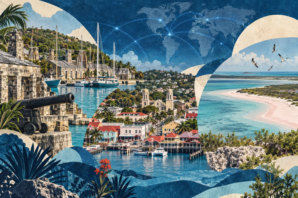Illustrated collage of Antigua and Barbuda, inspired by Nelson's Dockyard, St. John's, Antigua, Barbuda.