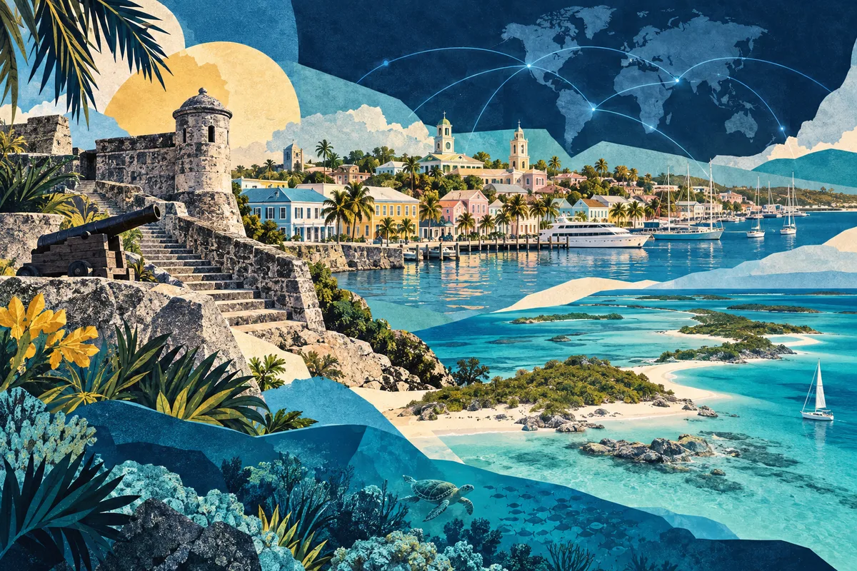 Illustrated collage of The Bahamas, inspired by Fort Fincastle, Nassau, Bahamas, Exuma.