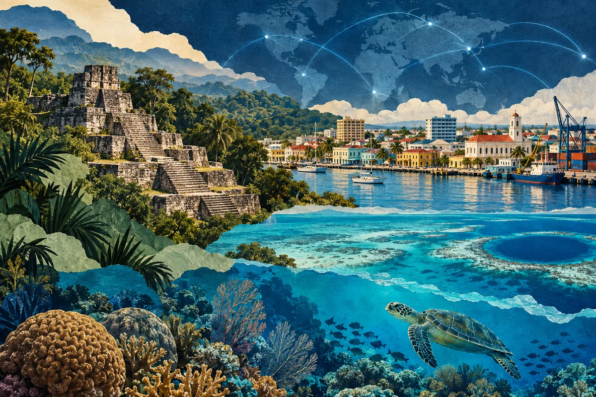 Illustrated collage of Belize, inspired by Caracol, Belize City, Belize Barrier Reef.
