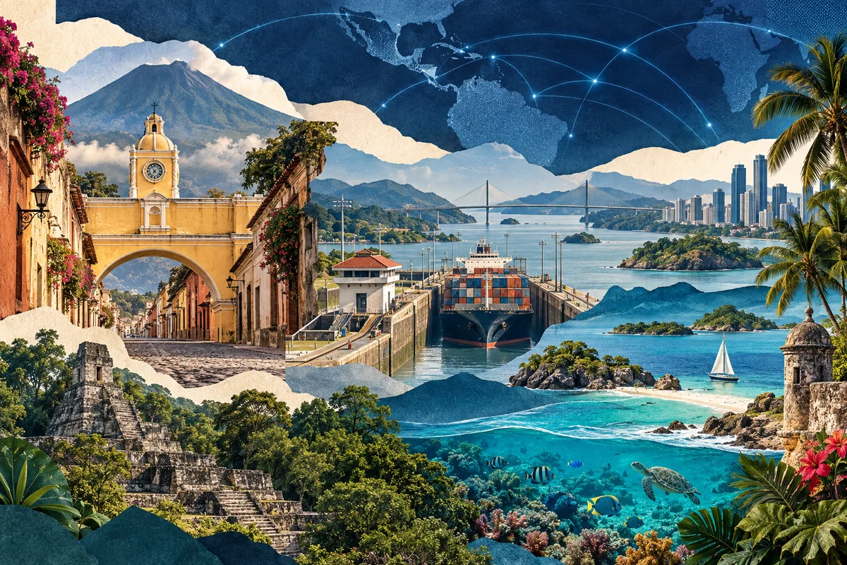 Illustrated portrait of Central America and the Caribbean; geographic and cultural interpretation, not regulator premises.