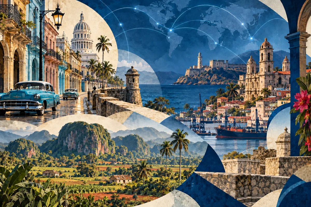 Illustrated collage of Cuba, inspired by Old Havana, Santiago de Cuba, Viñales Valley.