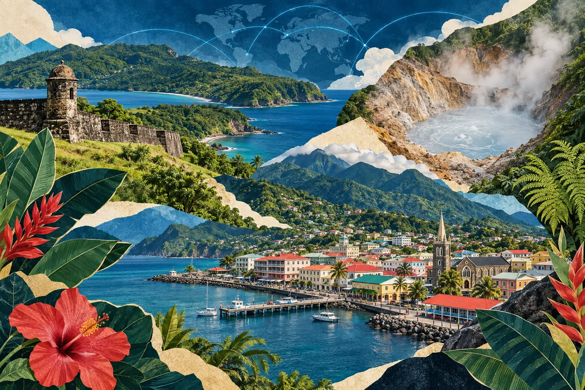 Illustrated collage of Dominica, inspired by Cabrits National Park, Roseau, Boiling Lake.