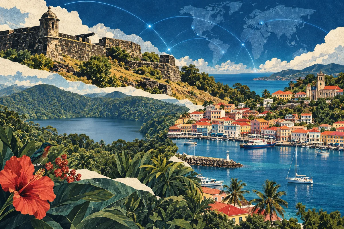 Illustrated collage of Grenada, inspired by Fort George, Grenada, St. George's, Grenada, Grand Etang Lake.