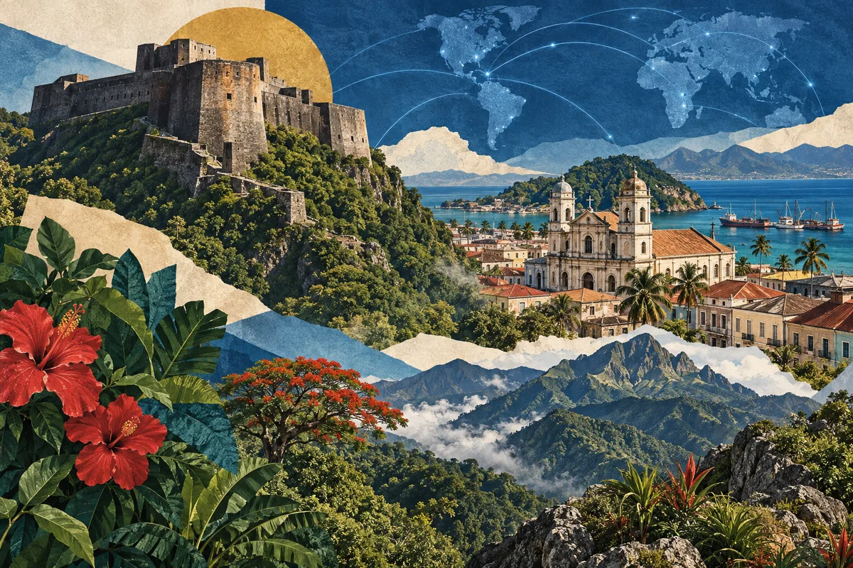 Illustrated collage of Haiti, inspired by Citadelle Laferrière, Cap-Haïtien, Pic la Selle.