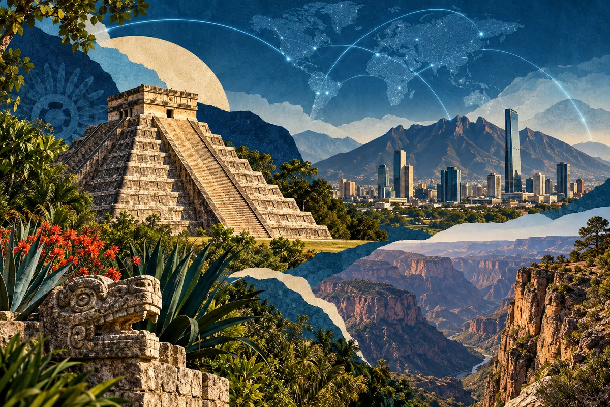 Illustrated portrait of Mexico; geographic and cultural interpretation, not regulator premises.