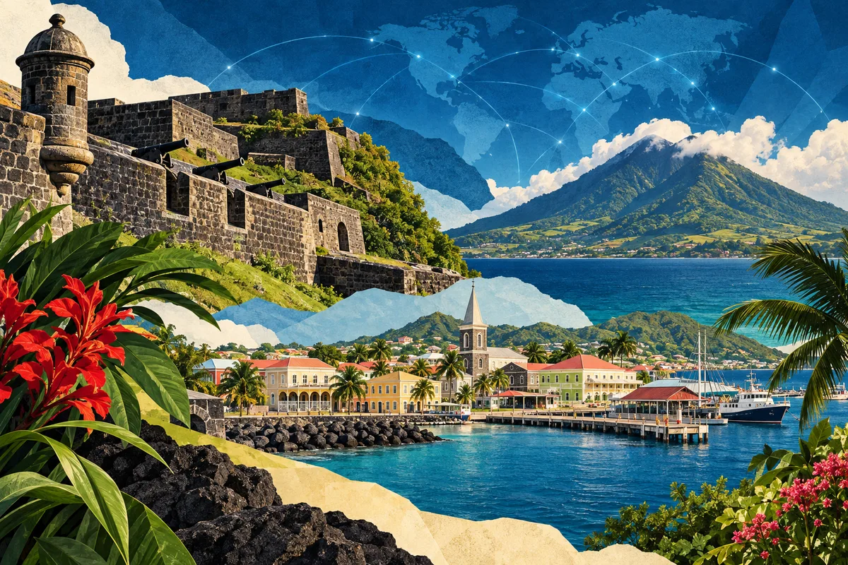 Illustrated collage of Saint Kitts and Nevis, inspired by Brimstone Hill Fortress National Park, Basseterre, Nevis Peak.
