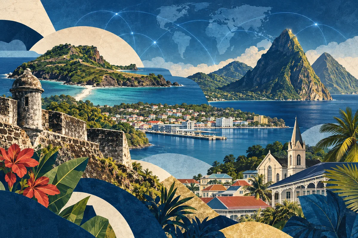 Illustrated collage of Saint Lucia, inspired by Pigeon Island (Saint Lucia), Castries, Pitons (Saint Lucia).