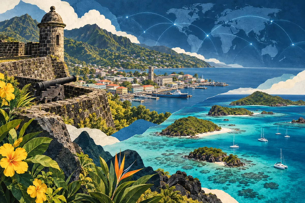 Illustrated collage of Saint Vincent and the Grenadines, inspired by Fort Charlotte, Saint Vincent, Kingstown, Tobago Cays.