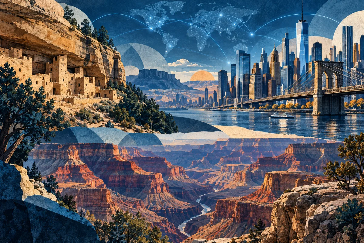 Illustrated collage of United States, inspired by Mesa Verde National Park, New York City, Grand Canyon.