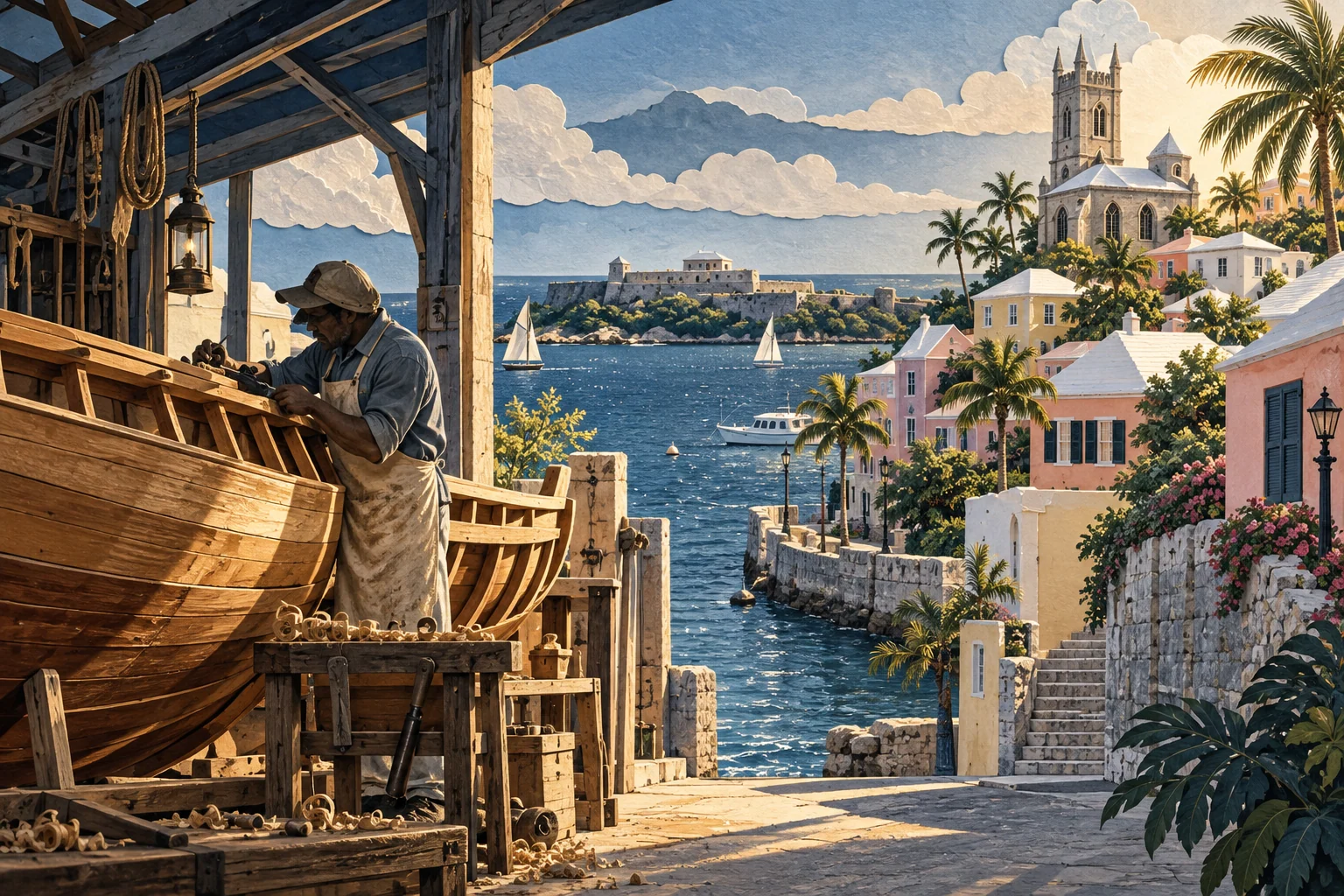 Illustration: Bermudian boatbuilding workshop and pastel streets