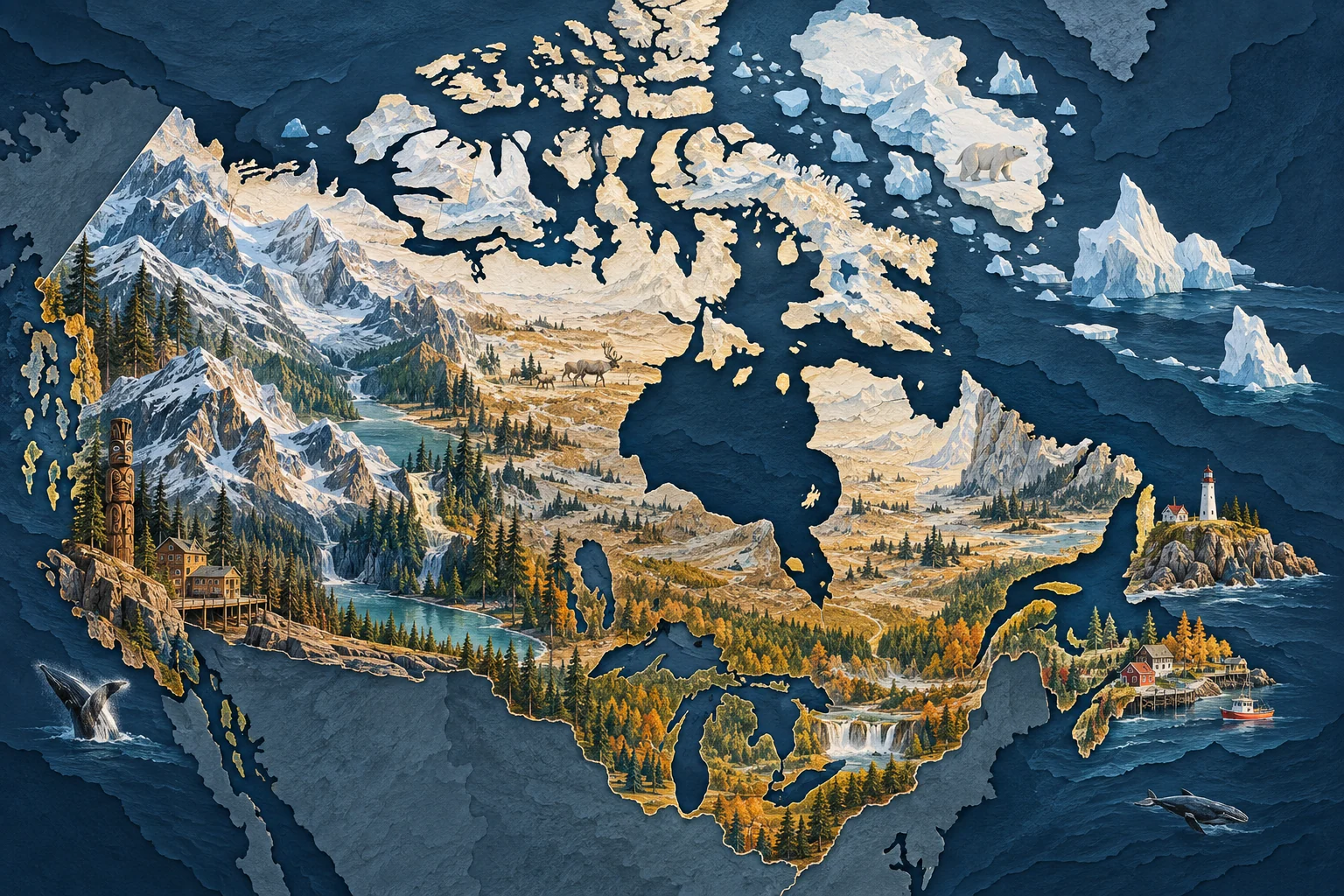 Illustration: Canada coast-to-coast geography, Great Lakes south and Arctic islands north
