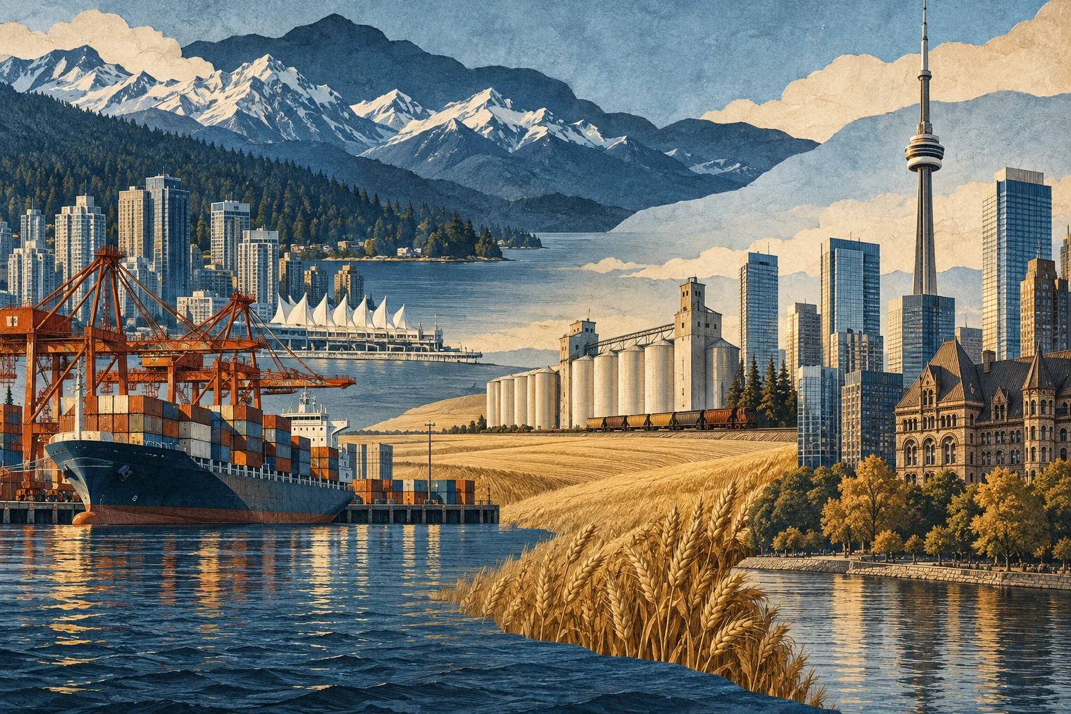 Illustration: Vancouver port, prairie grain and Toronto offices