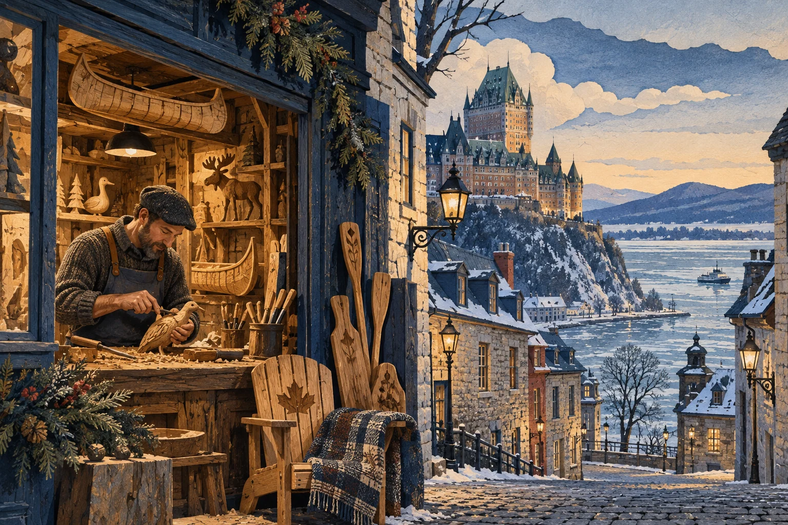 Illustration: Quebec artisan woodcraft workshop in historic streets