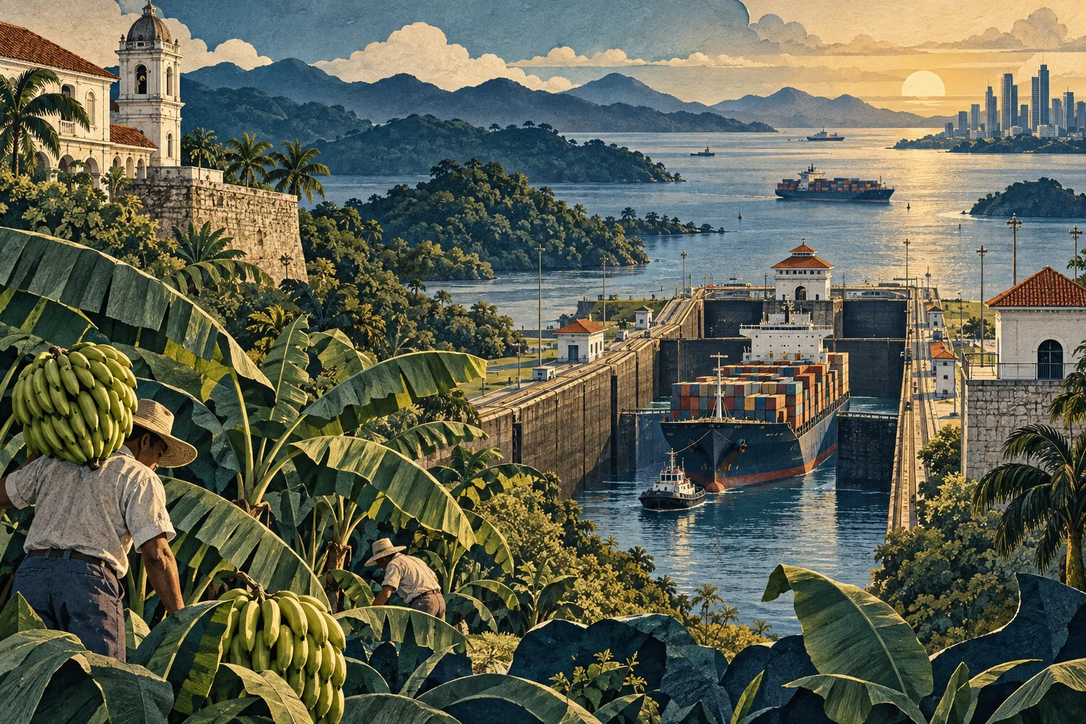 Illustration: Panama locks, banana cultivation and coastal freight