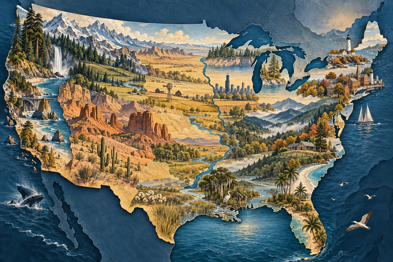 Illustration: Contiguous United States between Atlantic and Pacific, Great Lakes northeast