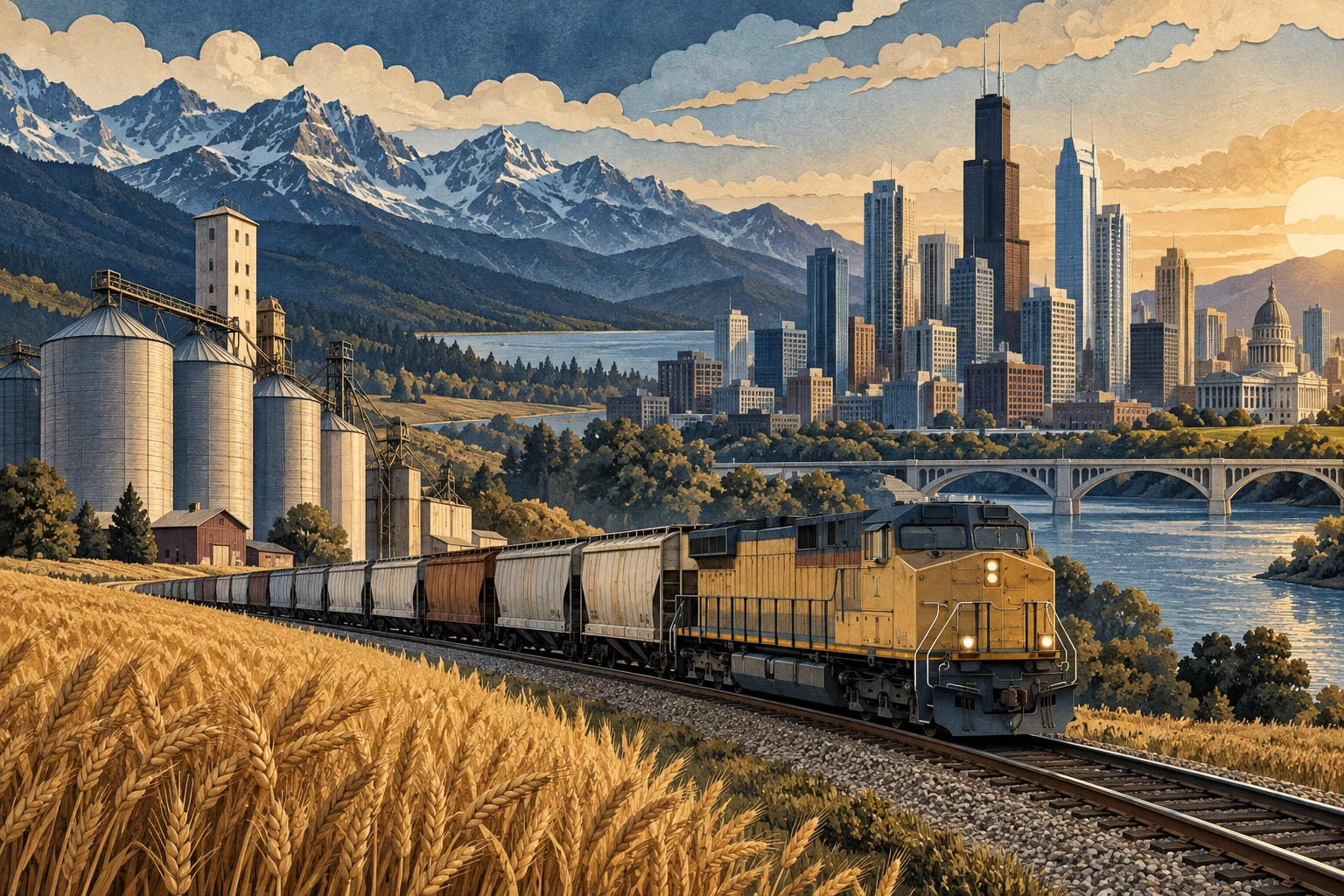 Illustration: US freight rail, grain agriculture and metropolitan offices